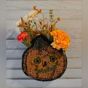 Handmade Fall Pumkin Floral Wall Hanger Decor Cottagecore Felt Basket Rustic